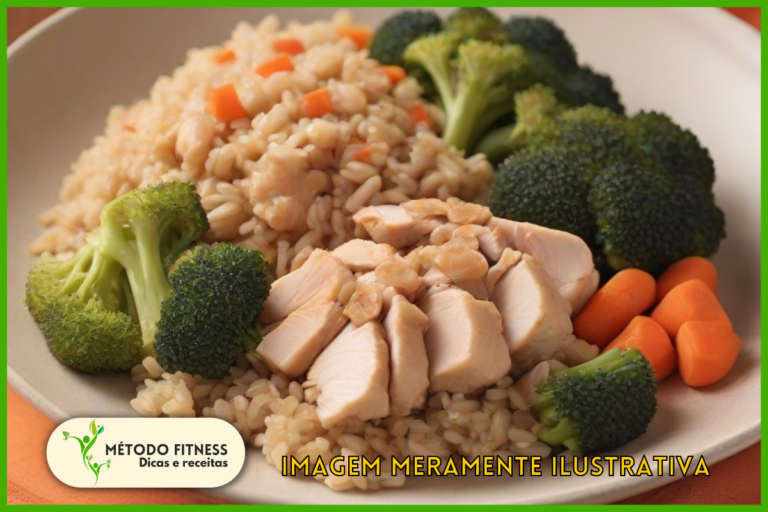 Conheça a incrível marmita de arroz integral com frango em cubos, brócolis e cenoura refogados.